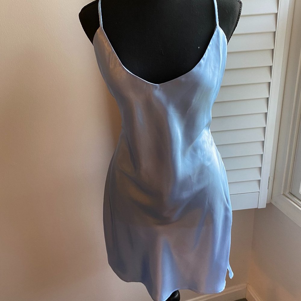 Victoria's Secret Baby Blue Chemise Slip Open Back Size Large Silky Satin Like